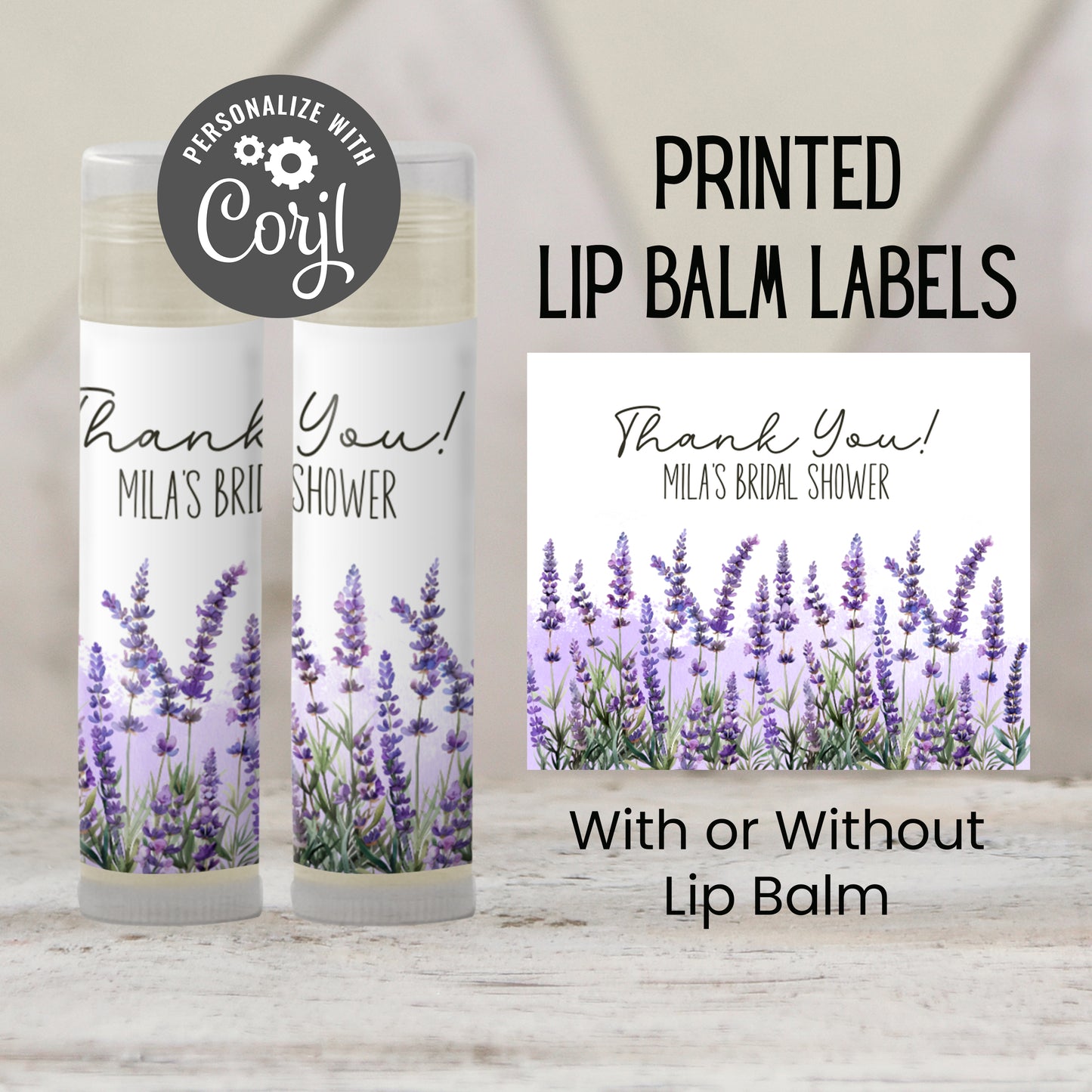 Lavender Bridal Shower Lip Balm Favors PRINTED | Purple Floral Wedding Favor Labels | Personalized Chapstick for Bride or Guest Gifts 4188