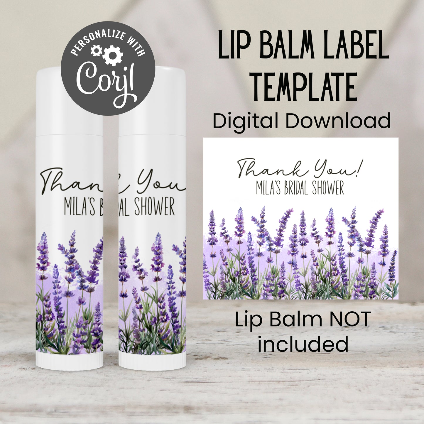 Lavender Bridal Shower Lip Balm Favors TEMPLATE | Editable Purple Floral Chapstick Label | Printable Wedding Favor for Bride or Guest 4188