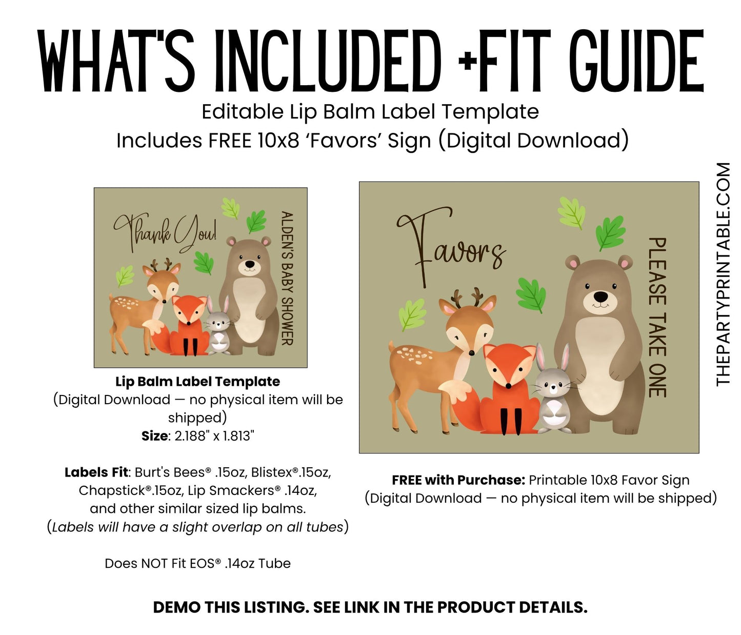 Woodland Baby Shower Lip Balm Label Template: Forest Animals Bear Fox Deer Bunny (Digital Download)