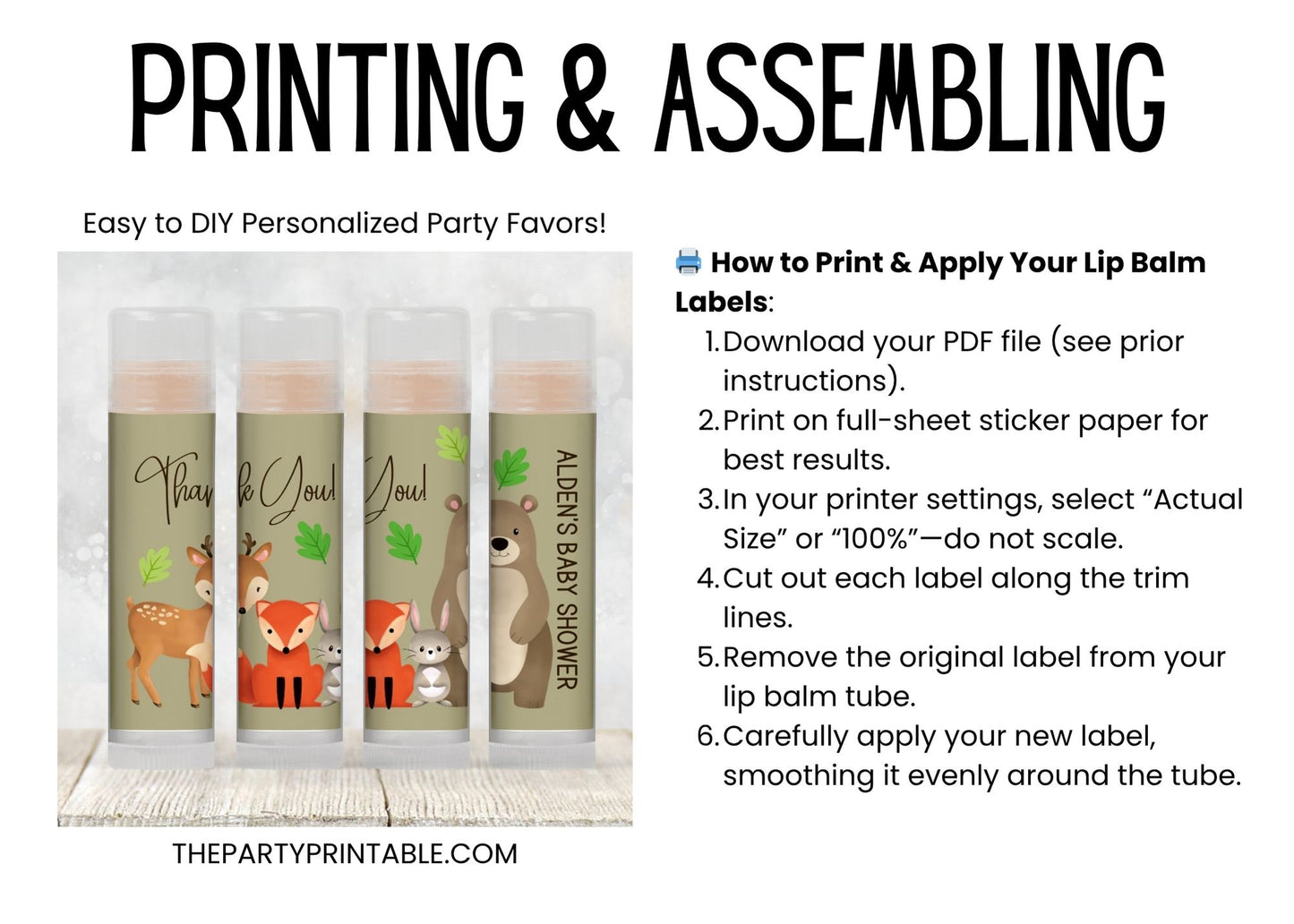 Woodland Baby Shower Lip Balm Label Template: Forest Animals Bear Fox Deer Bunny (Digital Download)