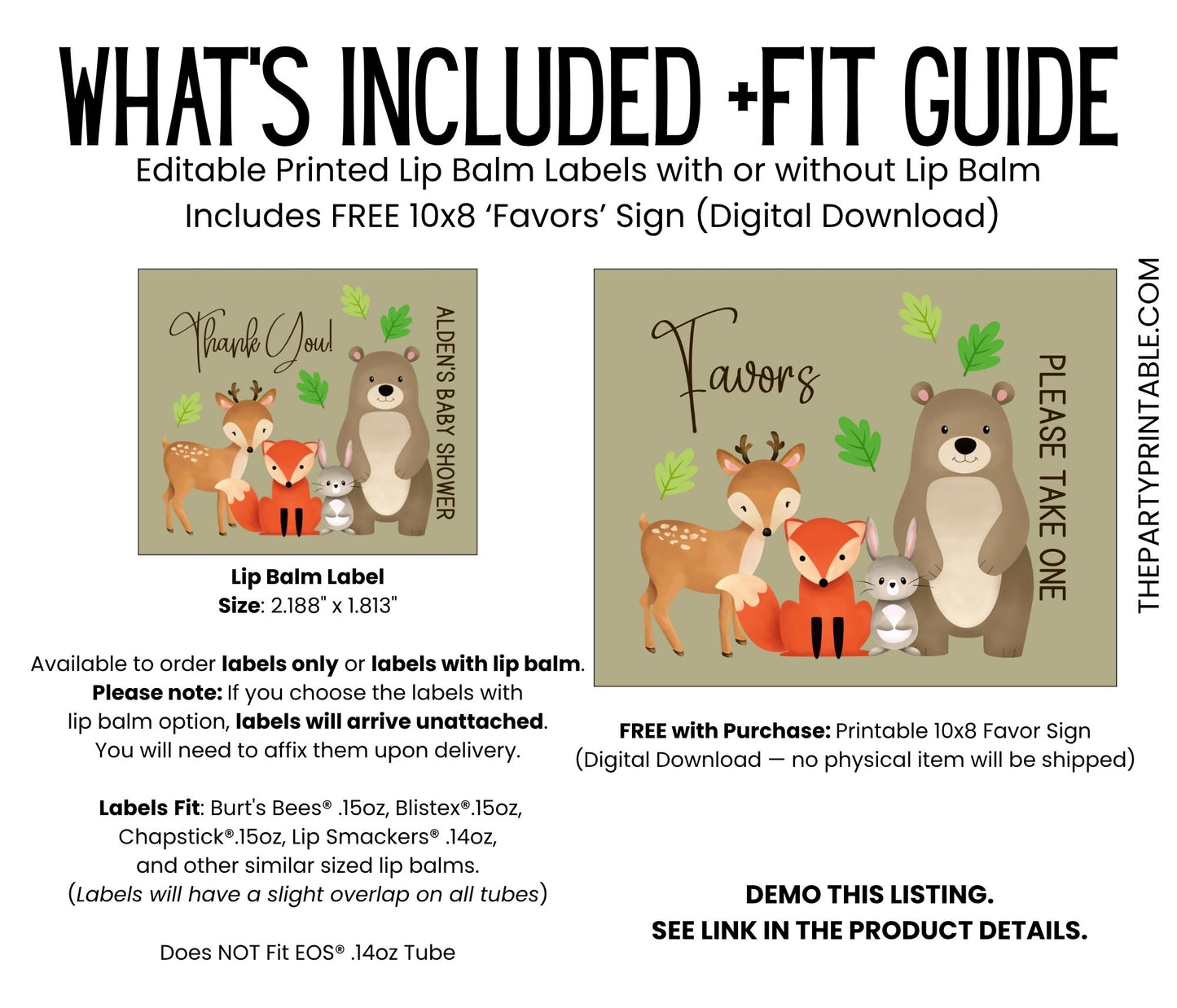 Woodland Baby Shower Lip Balm Favors: Forest Animals Bear Fox Deer Bunny Guest Gift