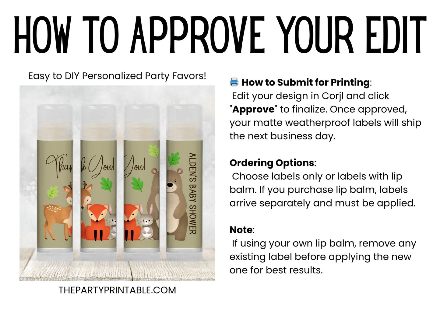 Woodland Baby Shower Lip Balm Favors: Forest Animals Bear Fox Deer Bunny Guest Gift