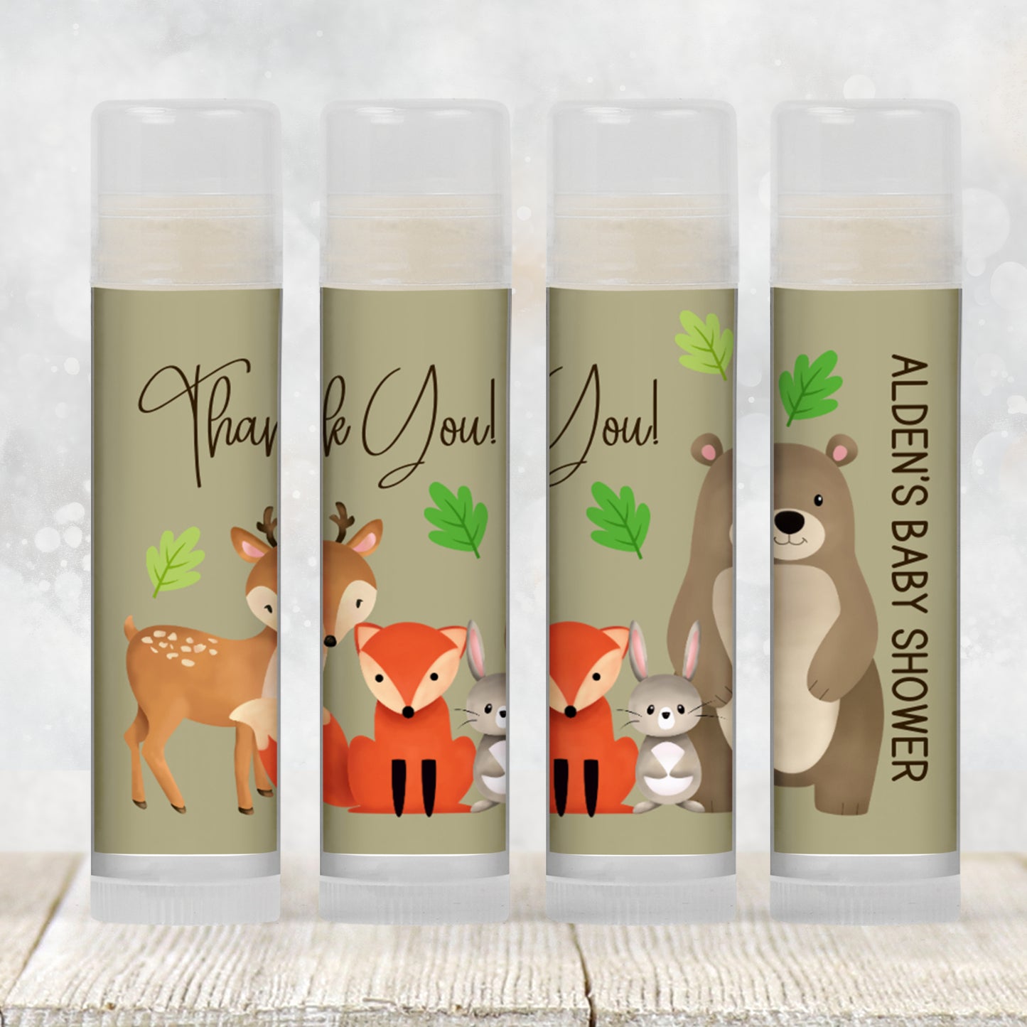 Woodland Baby Shower Lip Balm Favors: Forest Animals Bear Fox Deer Bunny Guest Gift