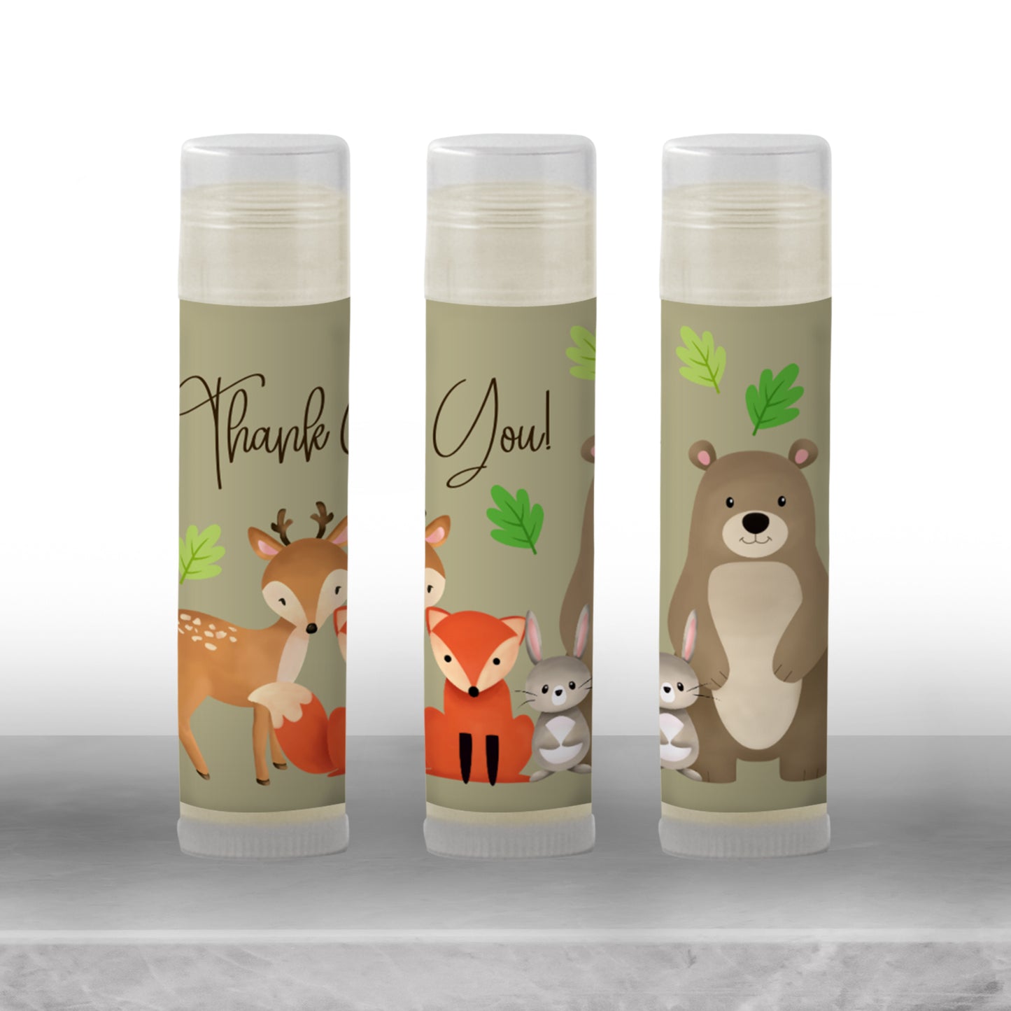 Woodland Baby Shower Lip Balm Favors: Forest Animals Bear Fox Deer Bunny Guest Gift
