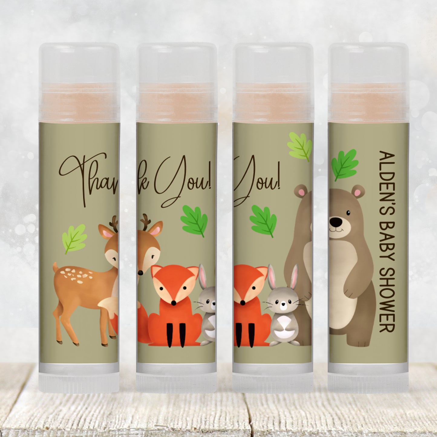 Woodland Baby Shower Lip Balm Label Template: Forest Animals Bear Fox Deer Bunny (Digital Download)