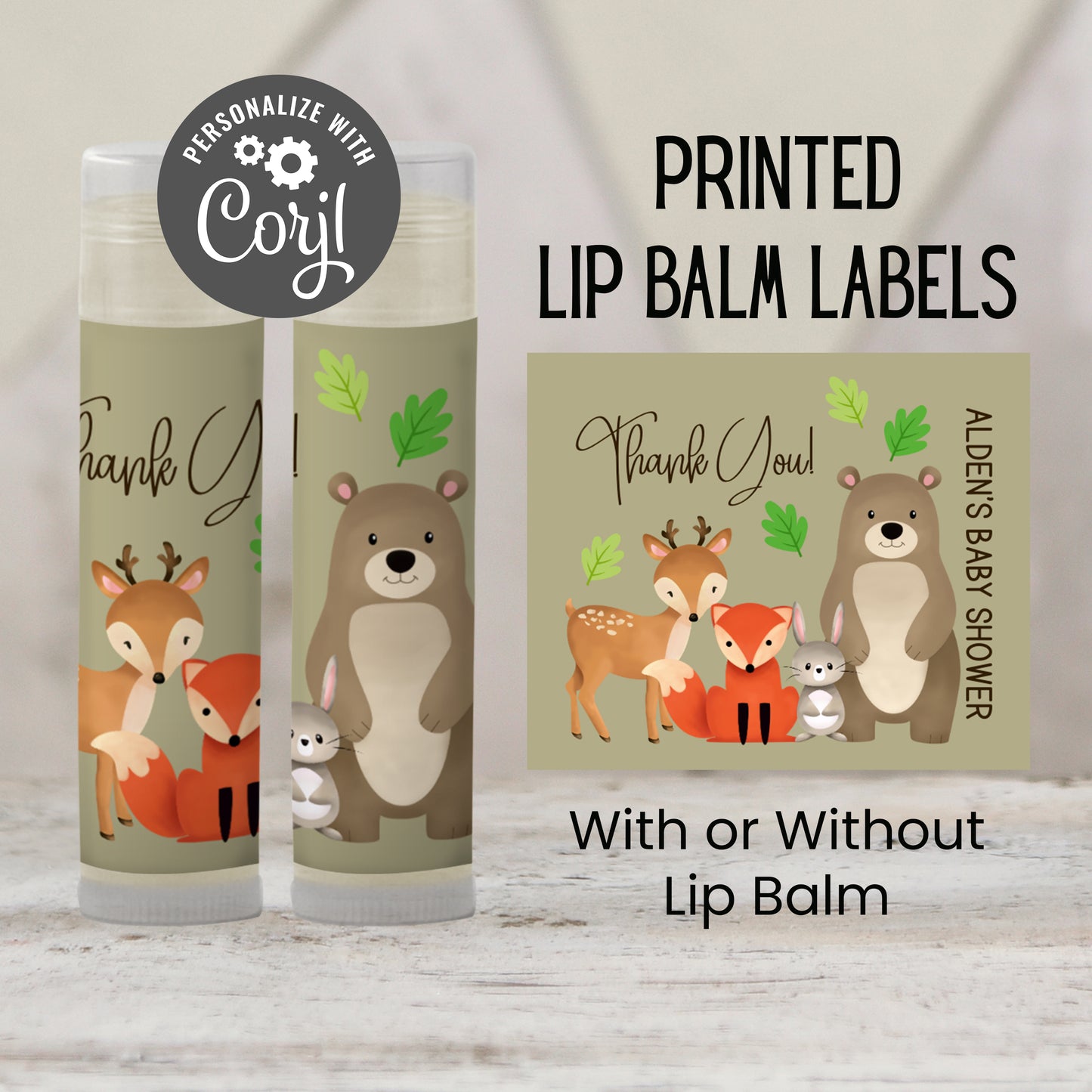 Woodland Baby Shower Lip Balm Favors: Forest Animals Bear Fox Deer Bunny Guest Gift