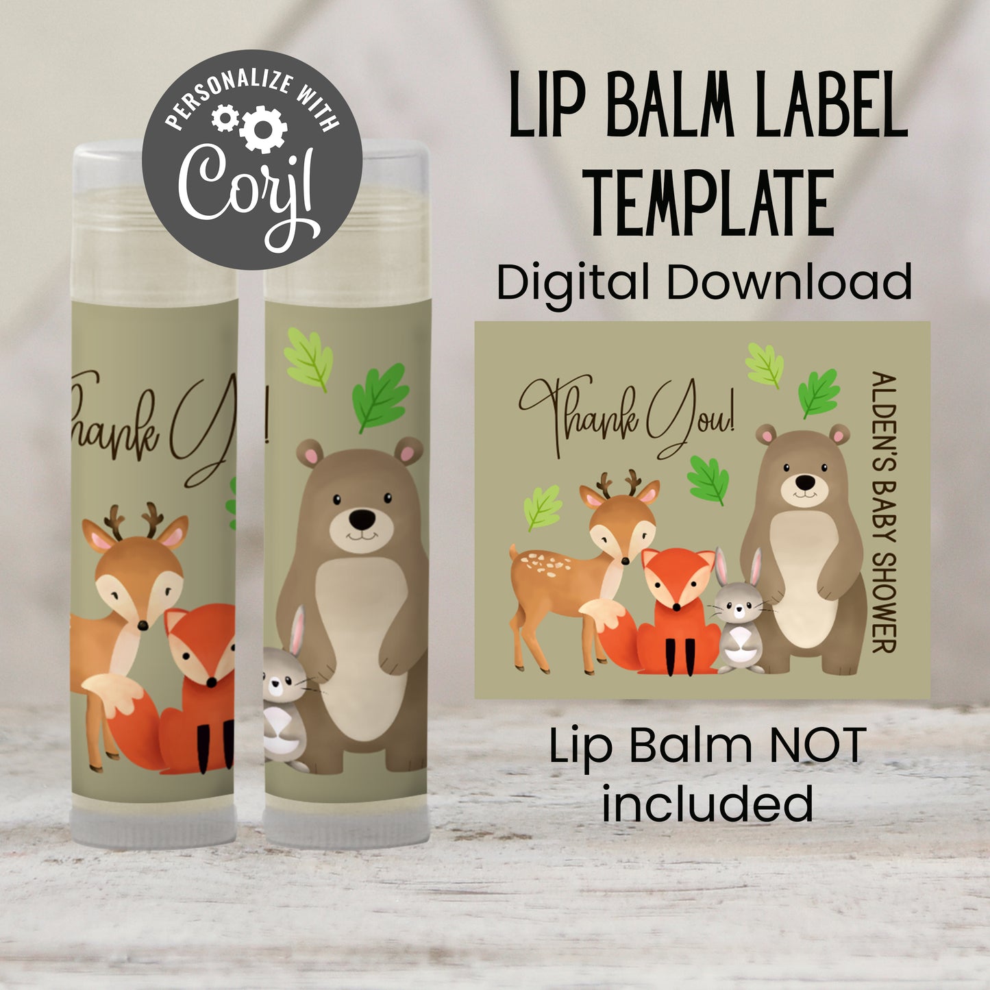 Woodland Baby Shower Lip Balm Label Template: Forest Animals Bear Fox Deer Bunny (Digital Download)