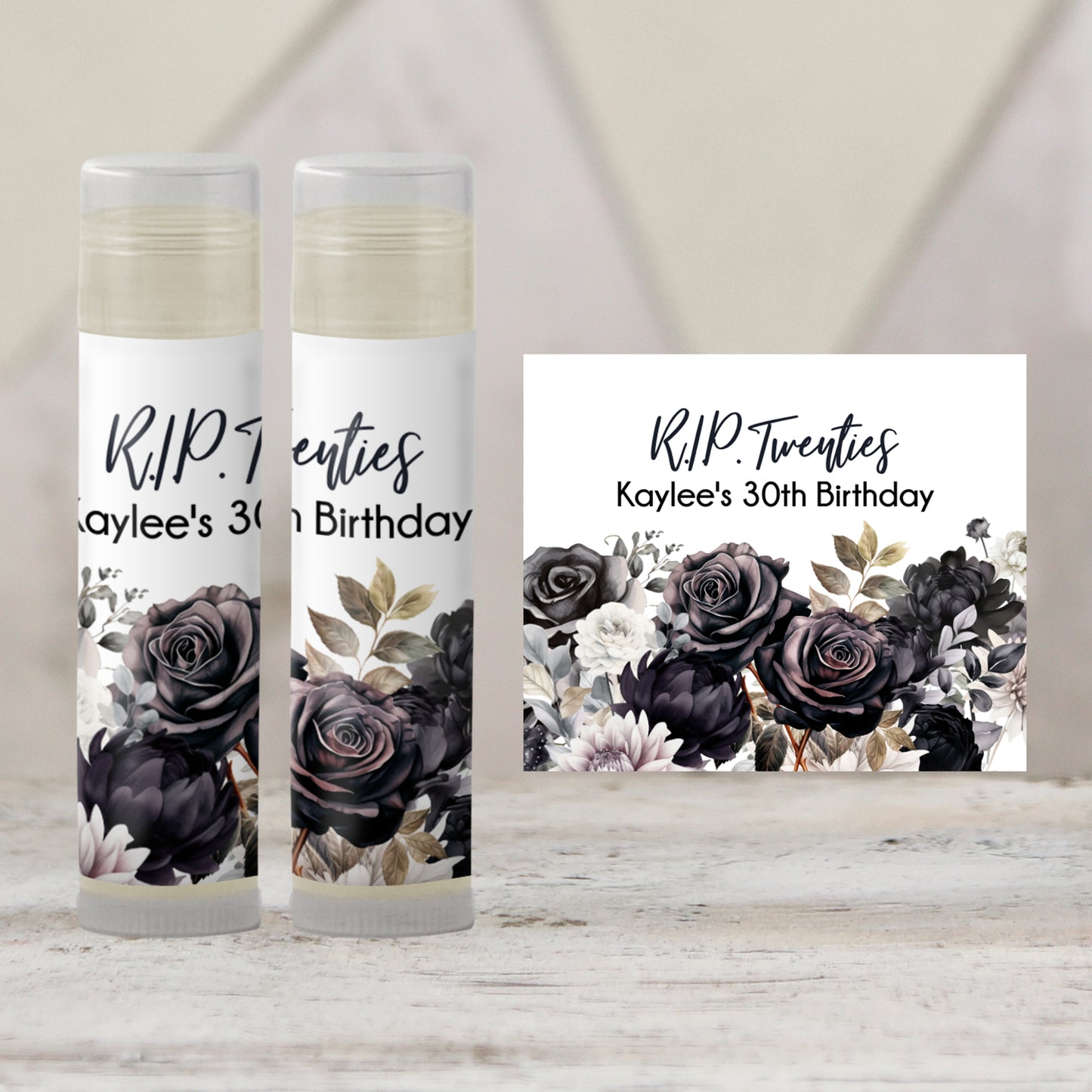 Rest in Peace Birthday Favors PRINTED Lip Balm Labels or Lip Balm | RIP Thirties Party | Milestone Adult Birthday Guest Gift 4200