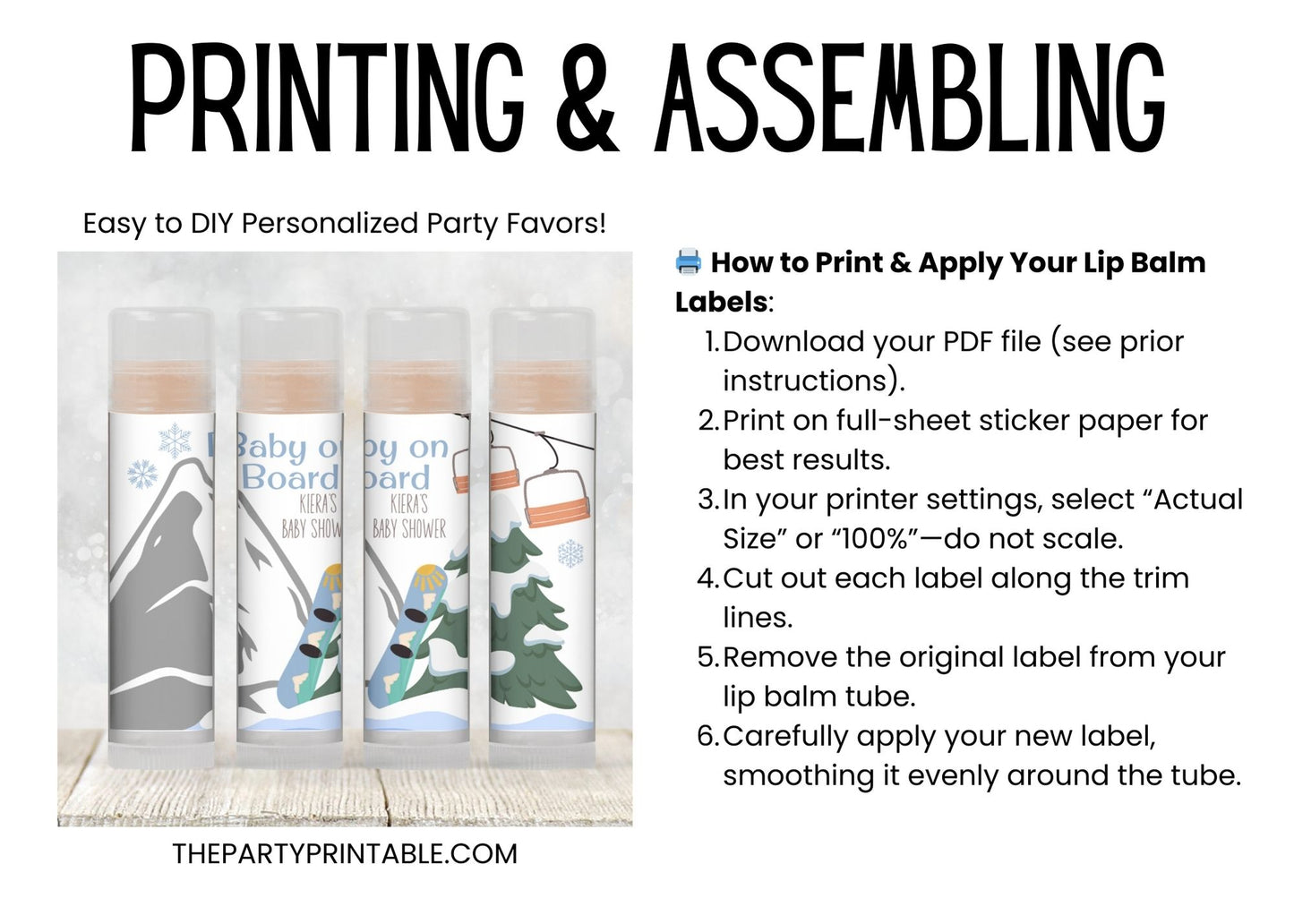 Printable Baby on Board Snowboard Baby Shower Favor | Lip Balm Label TEMPLATE | Winter Baby Shower Favor | Boy Baby Shower Chapstick, 4202