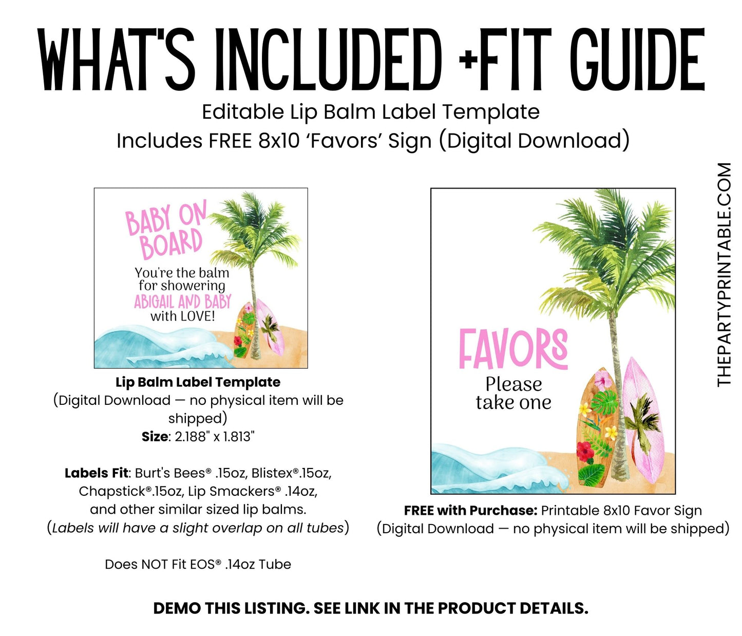 Surfboard Lip Balm Label Template: Pink Baby Shower Favor, Beach Party