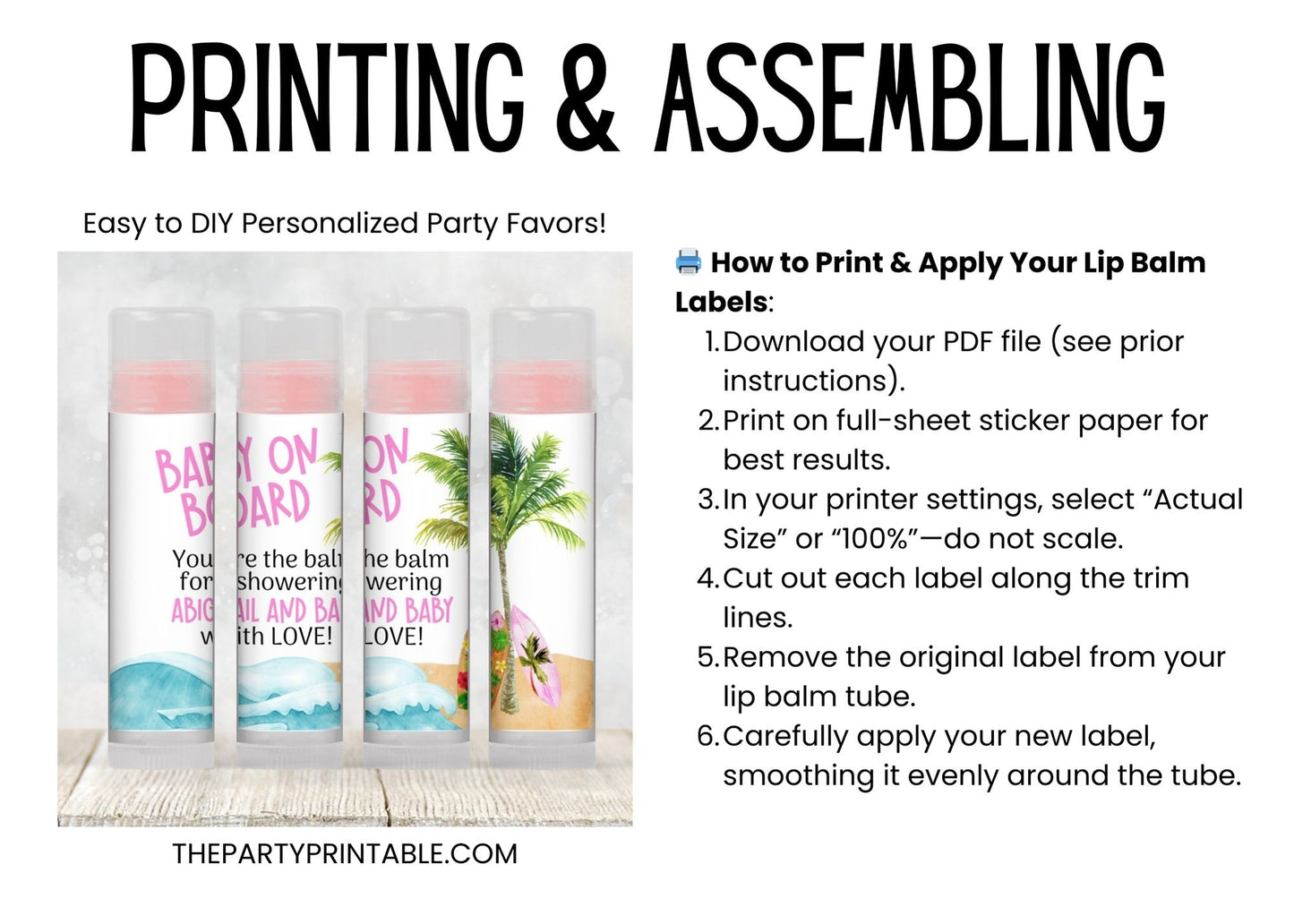 Surfboard Lip Balm Label Template: Pink Baby Shower Favor, Beach Party