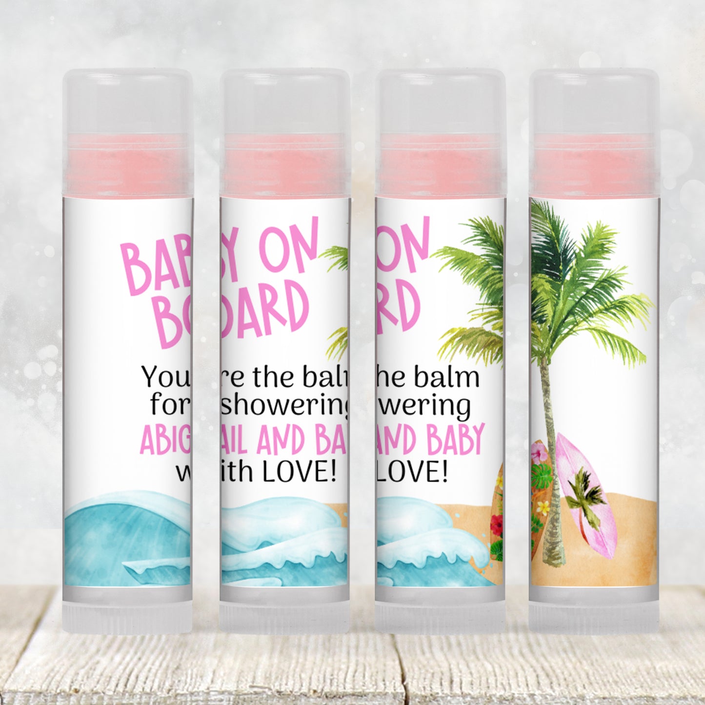 Surfboard Lip Balm Label Template: Pink Baby Shower Favor, Beach Party