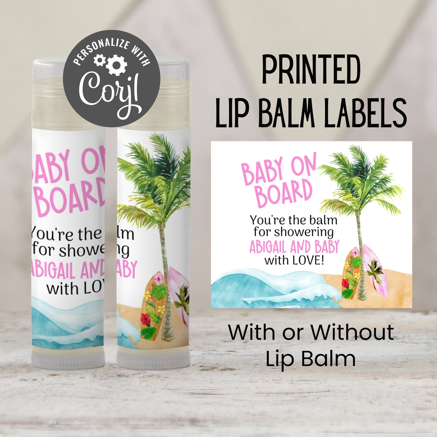 Surfboard Chapstick Favors: Pink Baby Shower, Tropical Beach Party Gift