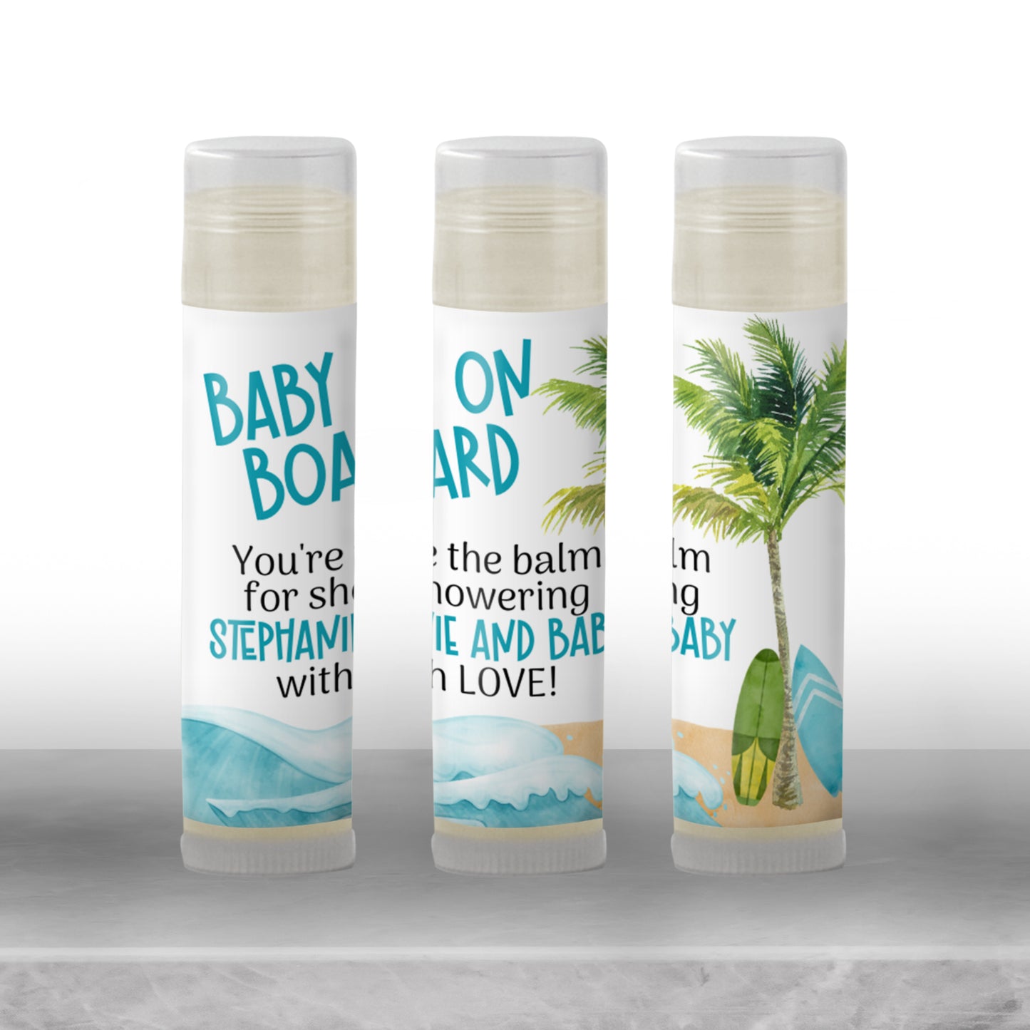 Baby on Board Boy Baby Shower Lip Balm Favor TEMPLATE | Surf Beach Theme | Editable Ocean Chapstick Labels for Summer Baby Shower Party 4252
