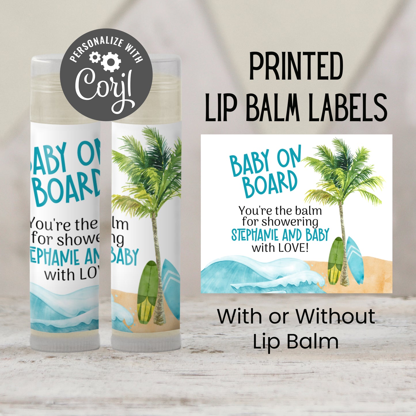 Baby on Board Boy Baby Shower Lip Balm Favor PRINTED | Surf Beach Theme Chapstick | Summer Ocean Party Gift for Guests Personalized 4252