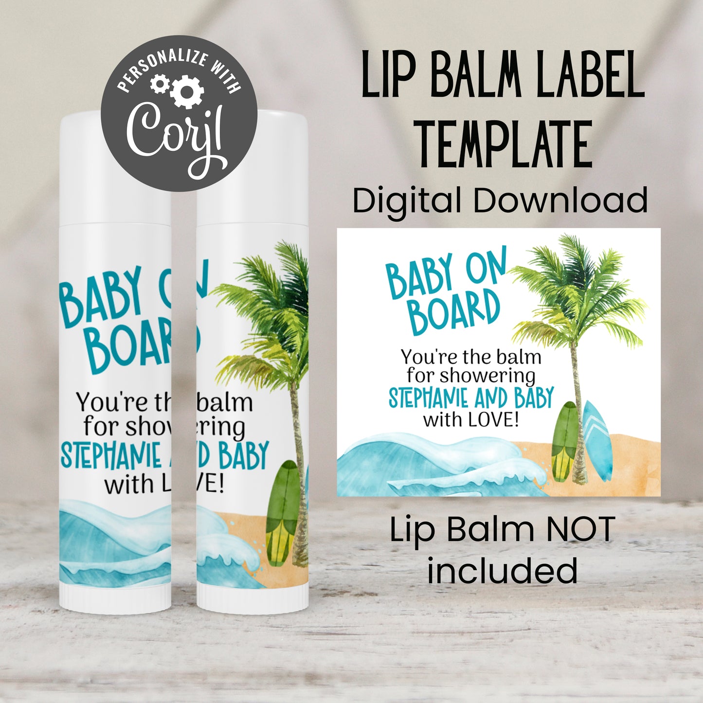 Baby on Board Boy Baby Shower Lip Balm Favor TEMPLATE | Surf Beach Theme | Editable Ocean Chapstick Labels for Summer Baby Shower Party 4252