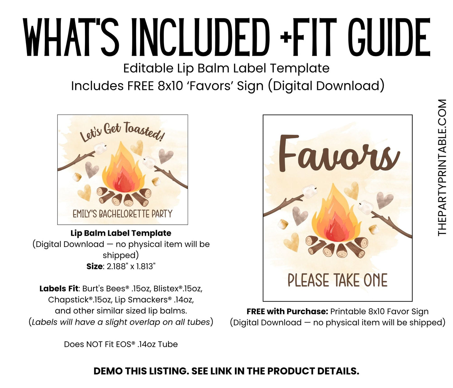 Let’s Get Toasted Bachelorette Lip Balm Favor TEMPLATE | Smores Camping Party Favor | Bridal Bonfire Shower or Camp Wedding Printable 4267