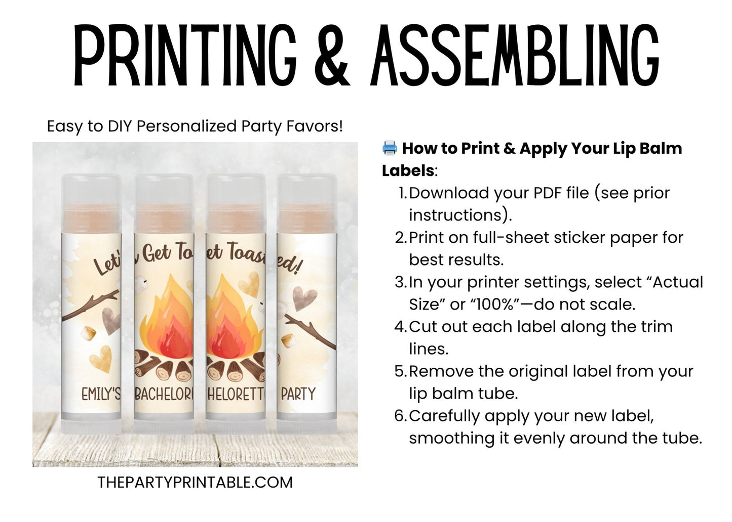 Let’s Get Toasted Bachelorette Lip Balm Favor TEMPLATE | Smores Camping Party Favor | Bridal Bonfire Shower or Camp Wedding Printable 4267