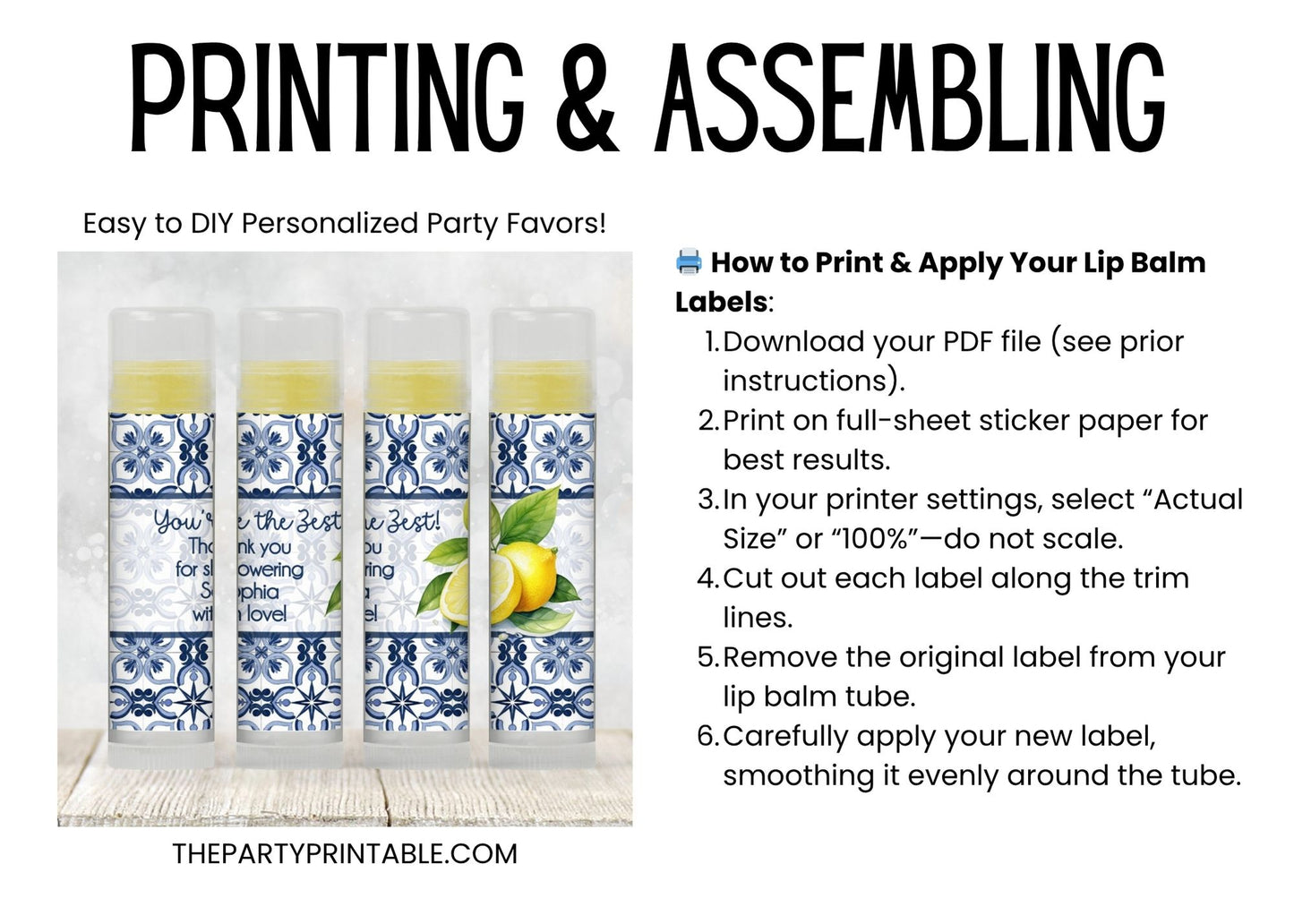 Mediterranean Tile Lemon Lip Balm Favor TEMPLATE | Amalfi Coast Wedding or Bridal Shower | Editable Blue Yellow Citrus Party Label 4302