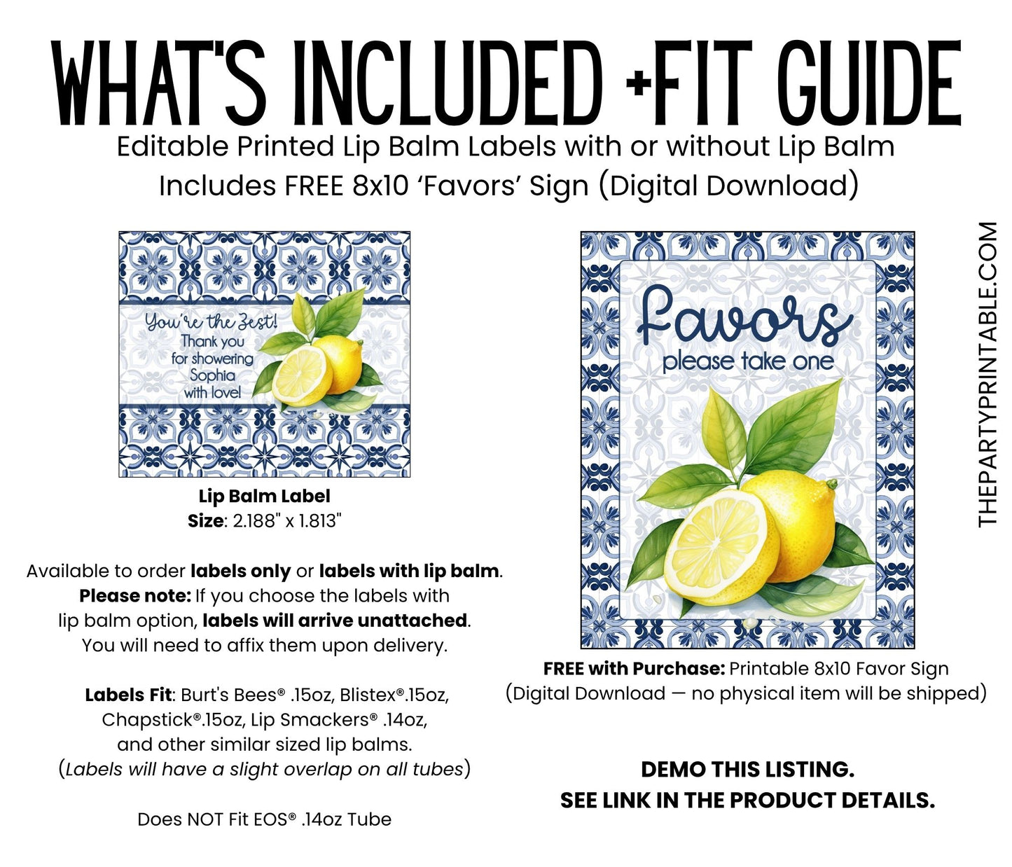 Mediterranean Tile Lemon Lip Balm Favor PRINTED Labels or Balms | Amalfi Coast Bridal Shower or Wedding Citrus Party Guest Gift 4302