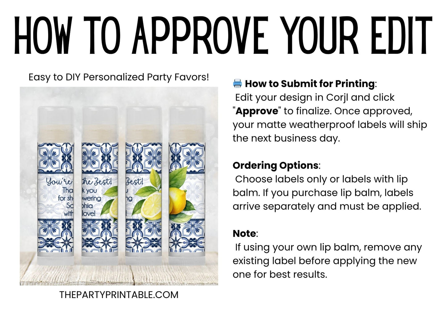Mediterranean Tile Lemon Lip Balm Favor PRINTED Labels or Balms | Amalfi Coast Bridal Shower or Wedding Citrus Party Guest Gift 4302