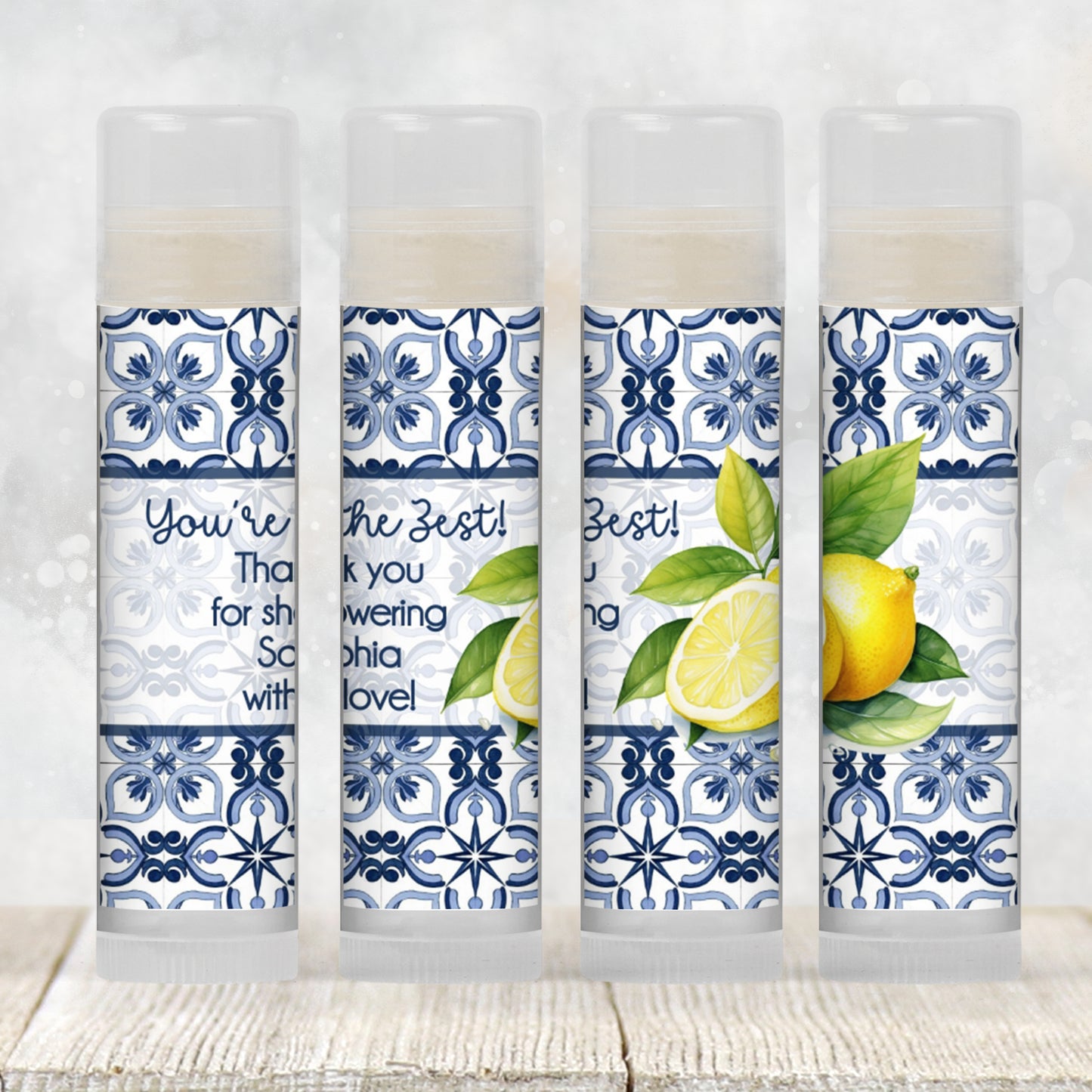 Mediterranean Tile Lemon Lip Balm Favor PRINTED Labels or Balms | Amalfi Coast Bridal Shower or Wedding Citrus Party Guest Gift 4302