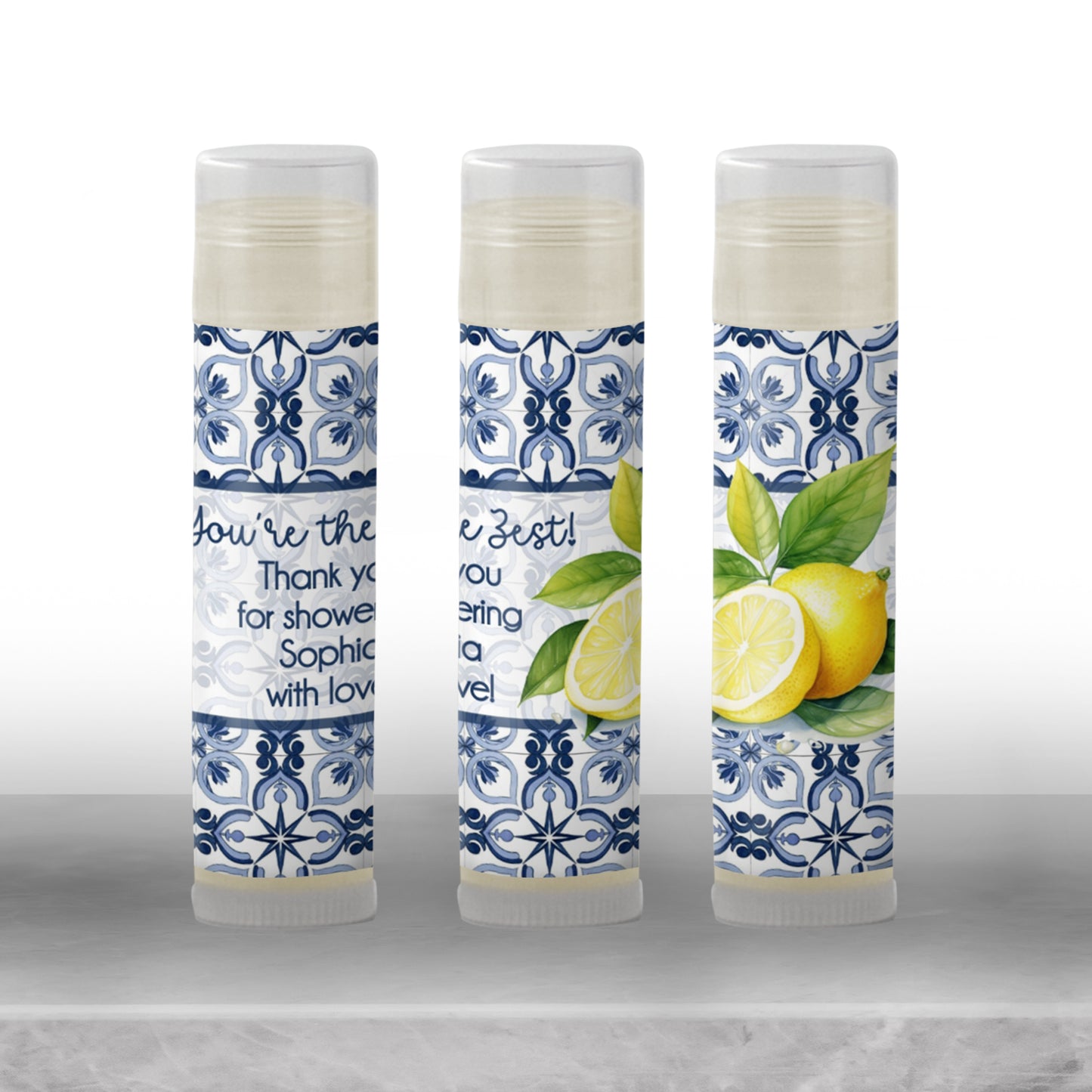 Mediterranean Tile Lemon Lip Balm Favor TEMPLATE | Amalfi Coast Wedding or Bridal Shower | Editable Blue Yellow Citrus Party Label 4302