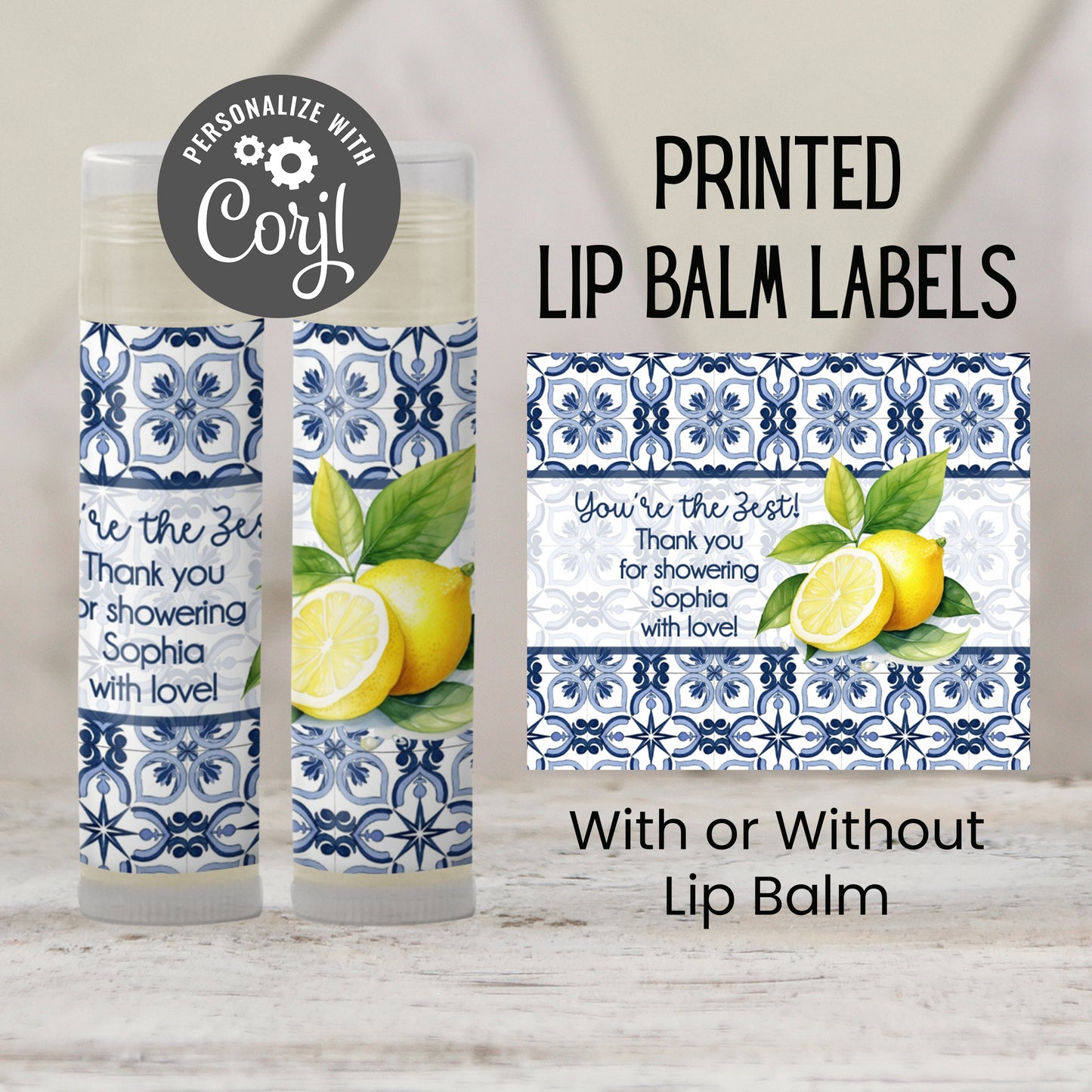 Mediterranean Tile Lemon Lip Balm Favor PRINTED Labels or Balms | Amalfi Coast Bridal Shower or Wedding Citrus Party Guest Gift 4302