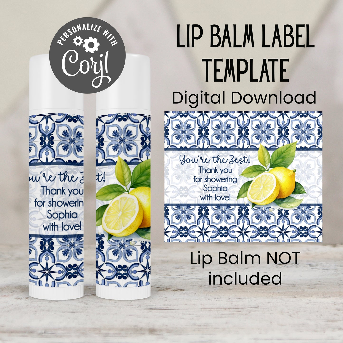 Mediterranean Tile Lemon Lip Balm Favor TEMPLATE | Amalfi Coast Wedding or Bridal Shower | Editable Blue Yellow Citrus Party Label 4302