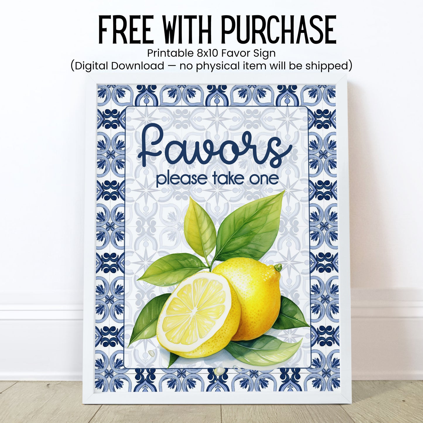 Mediterranean Tile Lemon Lip Balm Favor TEMPLATE | Amalfi Coast Wedding or Bridal Shower | Editable Blue Yellow Citrus Party Label 4302