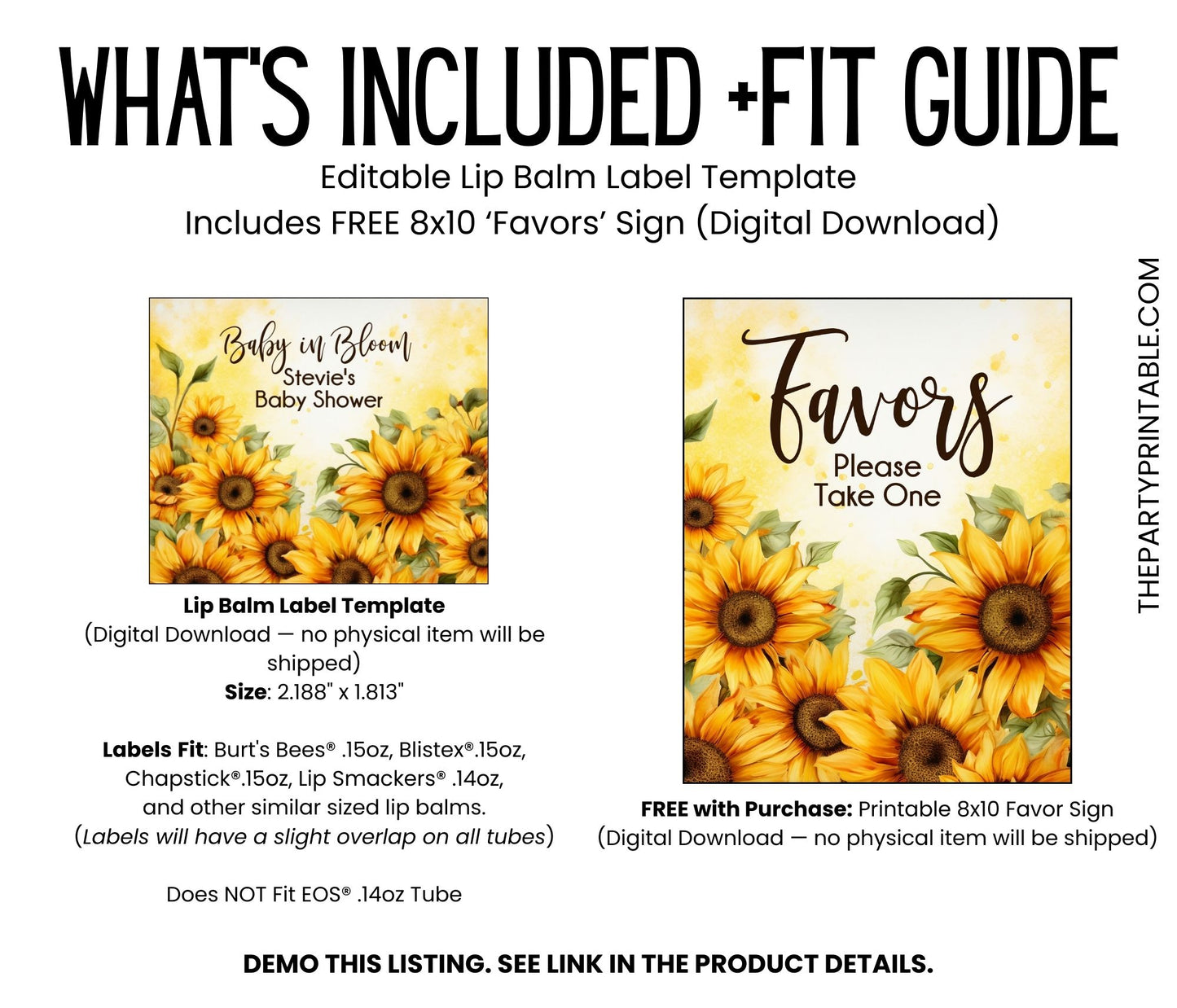 Sunflower Baby Shower Favor Lip Balm Label TEMPLATE | Editable Rustic Floral Bridal Shower, Wedding, or Fall Party Printable Sticker 4342