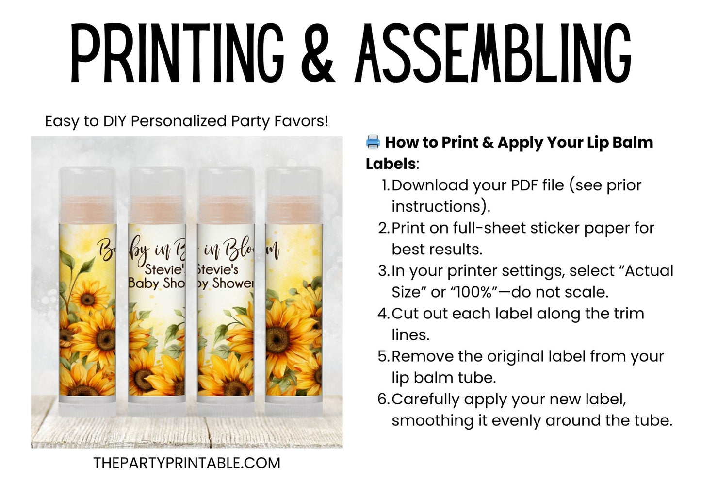 Sunflower Baby Shower Favor Lip Balm Label TEMPLATE | Editable Rustic Floral Bridal Shower, Wedding, or Fall Party Printable Sticker 4342