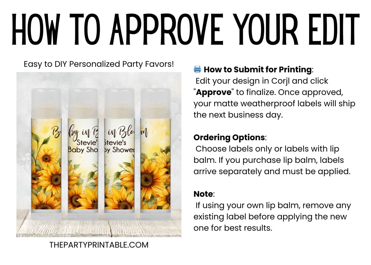 Sunflower Baby Shower Favors PRINTED Lip Balm Labels or Lip Balm Favors | Rustic Floral Wedding or Bridal Shower | Fall Guest Gift 4342