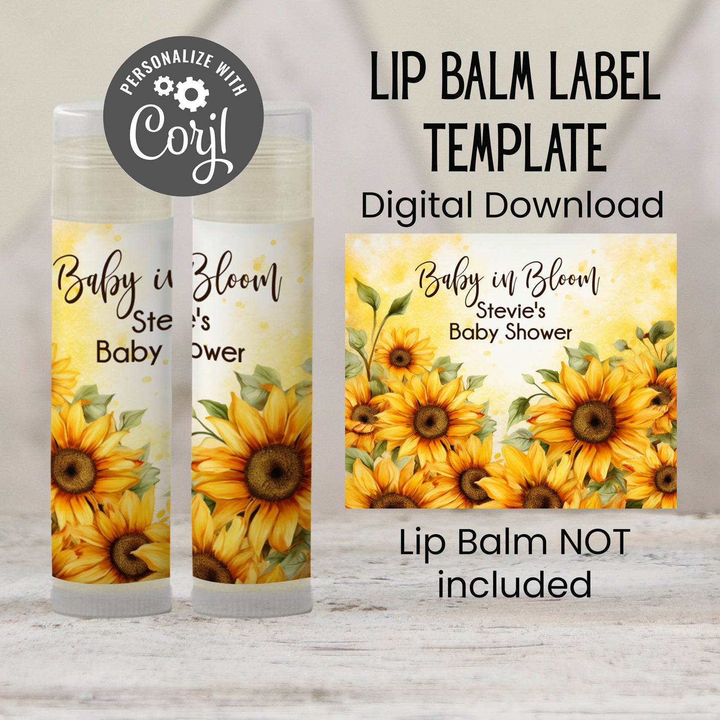 Sunflower Baby Shower Favor Lip Balm Label TEMPLATE | Editable Rustic Floral Bridal Shower, Wedding, or Fall Party Printable Sticker 4342