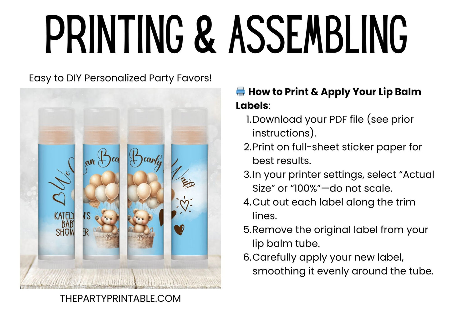 We Can Bearly Wait Baby Shower Lip Balm Favor Label TEMPLATE | Editable Blue Teddy Bear Theme Printable Boy Baby Shower Balloon Sticker 4400