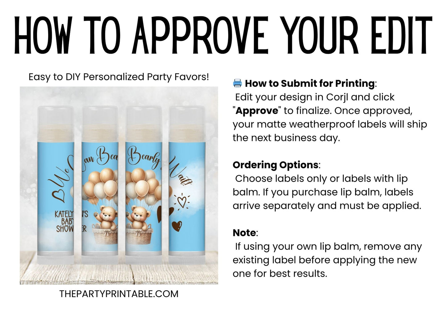 We Can Bearly Wait Baby Shower Favors PRINTED Lip Balm Labels or Lip Balm | Blue Teddy Bear Boy Party | Baby Shower Guest Gift 4400