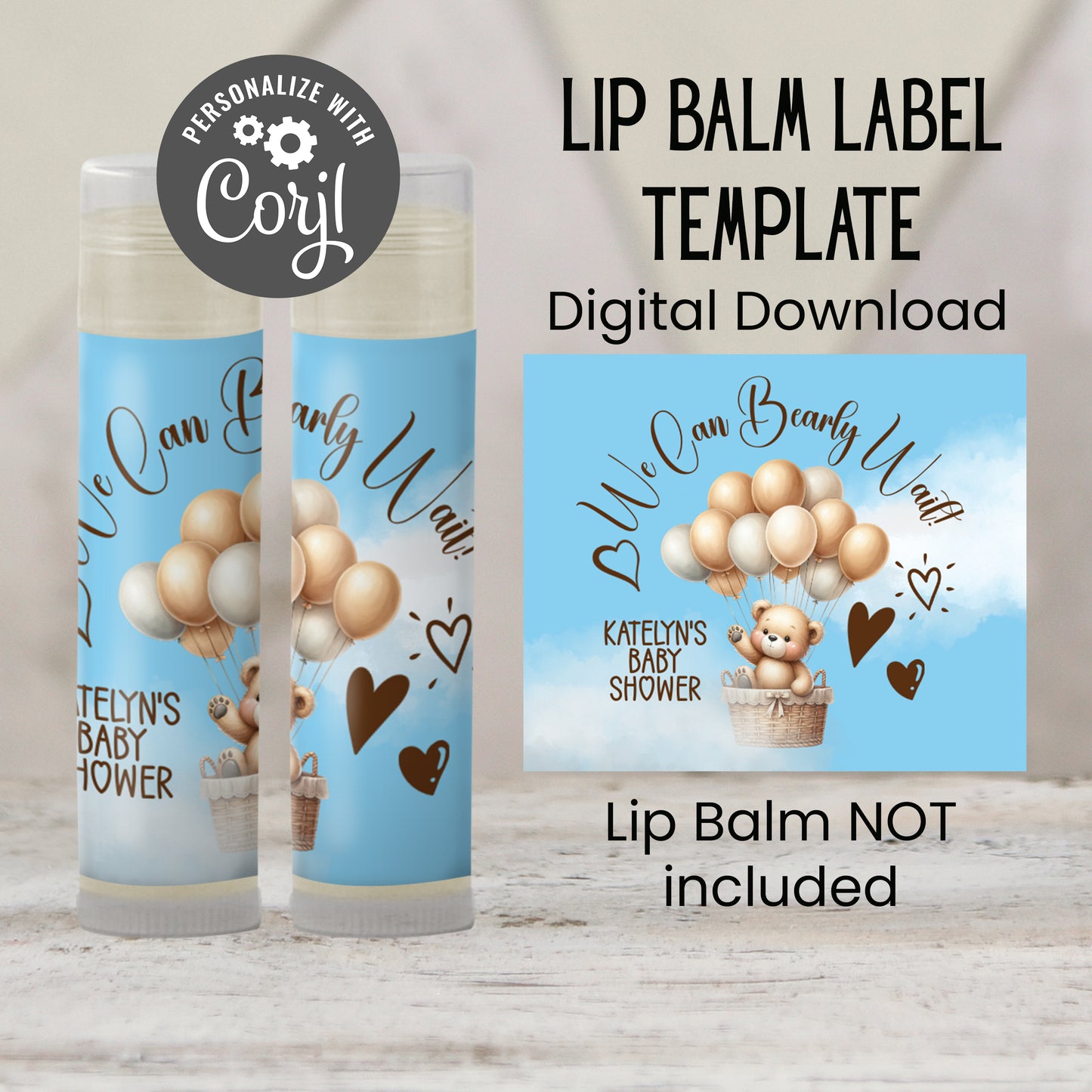 We Can Bearly Wait Baby Shower Lip Balm Favor Label TEMPLATE | Editable Blue Teddy Bear Theme Printable Boy Baby Shower Balloon Sticker 4400