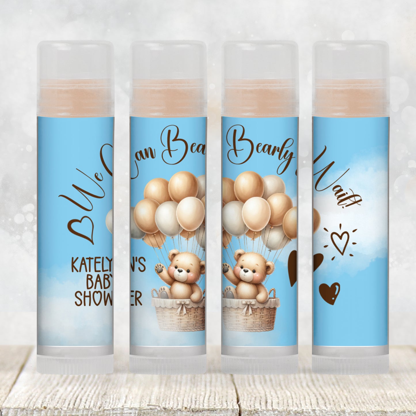 We Can Bearly Wait Baby Shower Lip Balm Favor Label TEMPLATE | Editable Blue Teddy Bear Theme Printable Boy Baby Shower Balloon Sticker 4400