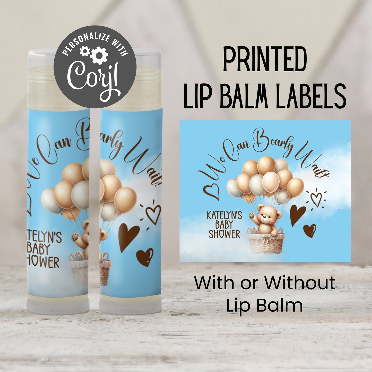 We Can Bearly Wait Baby Shower Favors PRINTED Lip Balm Labels or Lip Balm | Blue Teddy Bear Boy Party | Baby Shower Guest Gift 4400