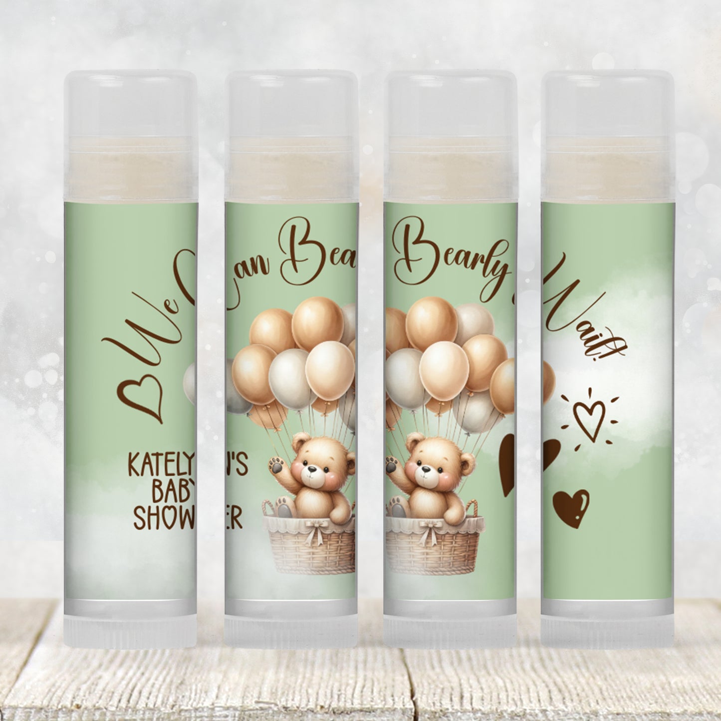 We Can Bearly Wait Baby Shower Favors PRINTED Lip Balm Labels or Lip Balm | Green Teddy Bear Gender Neutral | Baby Shower Guest Gift 4400