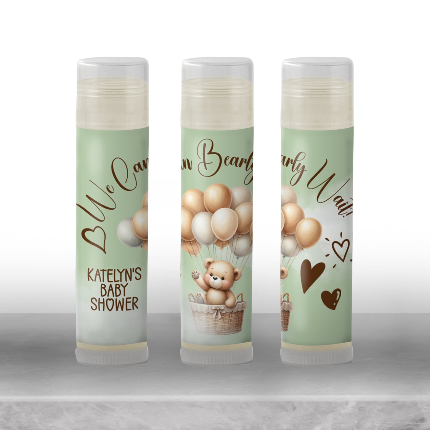 We Can Bearly Wait Baby Shower Lip Balm Favor Label TEMPLATE | Editable Green Teddy Bear Theme | Printable Gender Neutral Party Sticker 4400