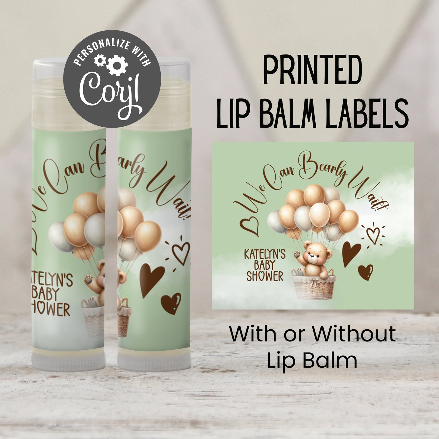 We Can Bearly Wait Baby Shower Favors PRINTED Lip Balm Labels or Lip Balm | Green Teddy Bear Gender Neutral | Baby Shower Guest Gift 4400