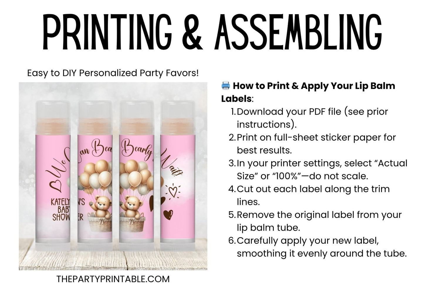 We Can Bearly Wait Baby Shower Lip Balm Favor Label TEMPLATE | Editable Pink Teddy Bear Theme Girl Baby Shower Balloon Printable 4400
