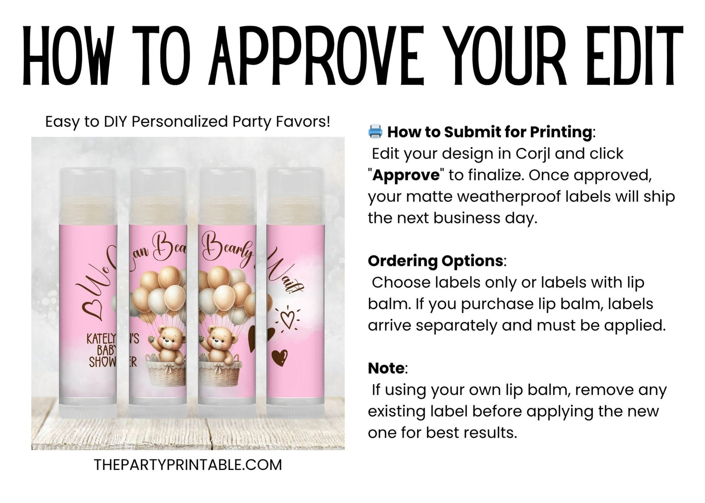 We Can Bearly Wait Baby Shower Favors PRINTED Lip Balm Labels or Lip Balm | Pink Teddy Bear Girl Party | Baby Shower Guest Gift 4400