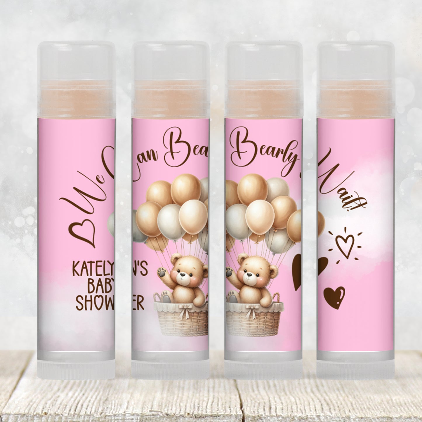 We Can Bearly Wait Baby Shower Lip Balm Favor Label TEMPLATE | Editable Pink Teddy Bear Theme Girl Baby Shower Balloon Printable 4400
