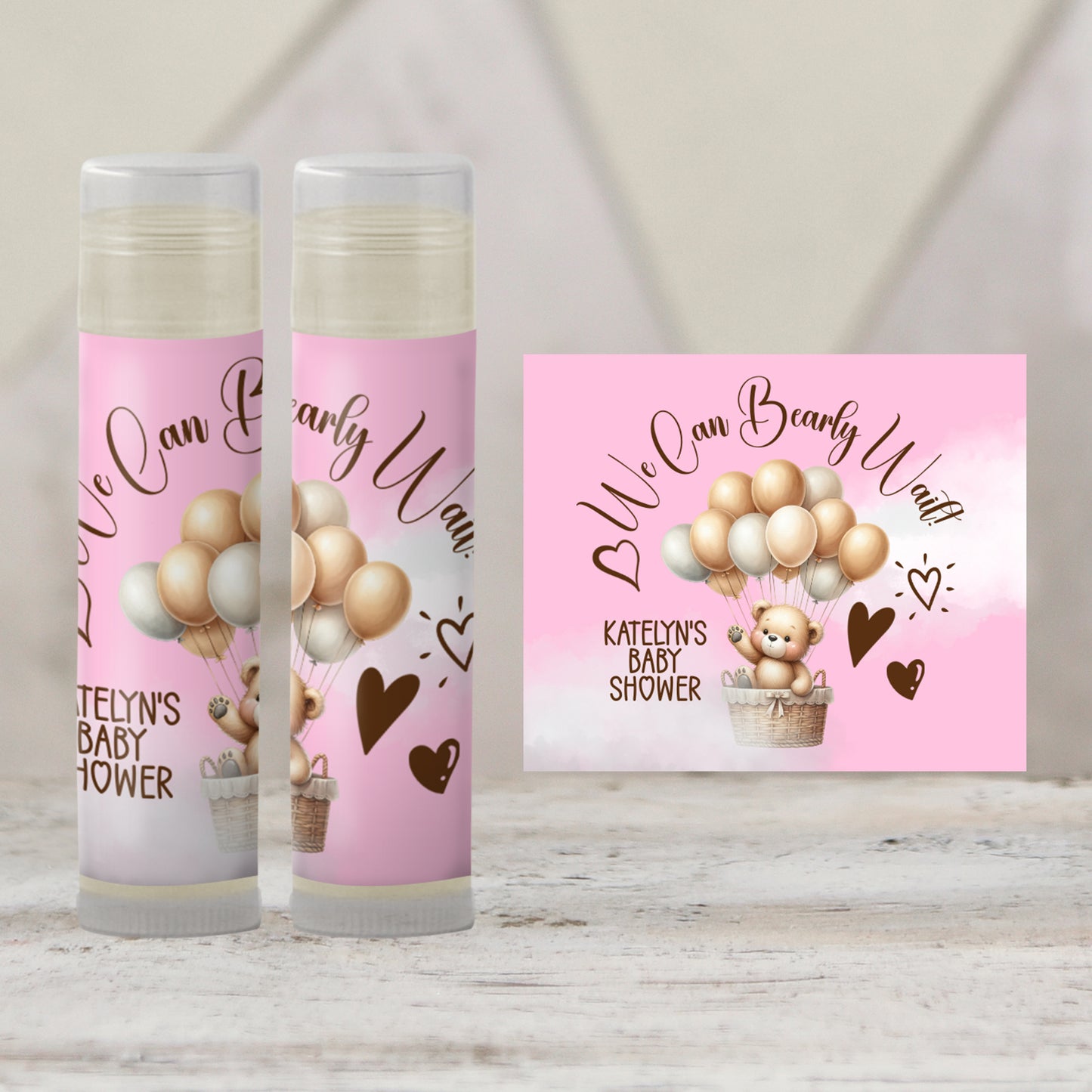 We Can Bearly Wait Baby Shower Lip Balm Favor Label TEMPLATE | Editable Pink Teddy Bear Theme Girl Baby Shower Balloon Printable 4400