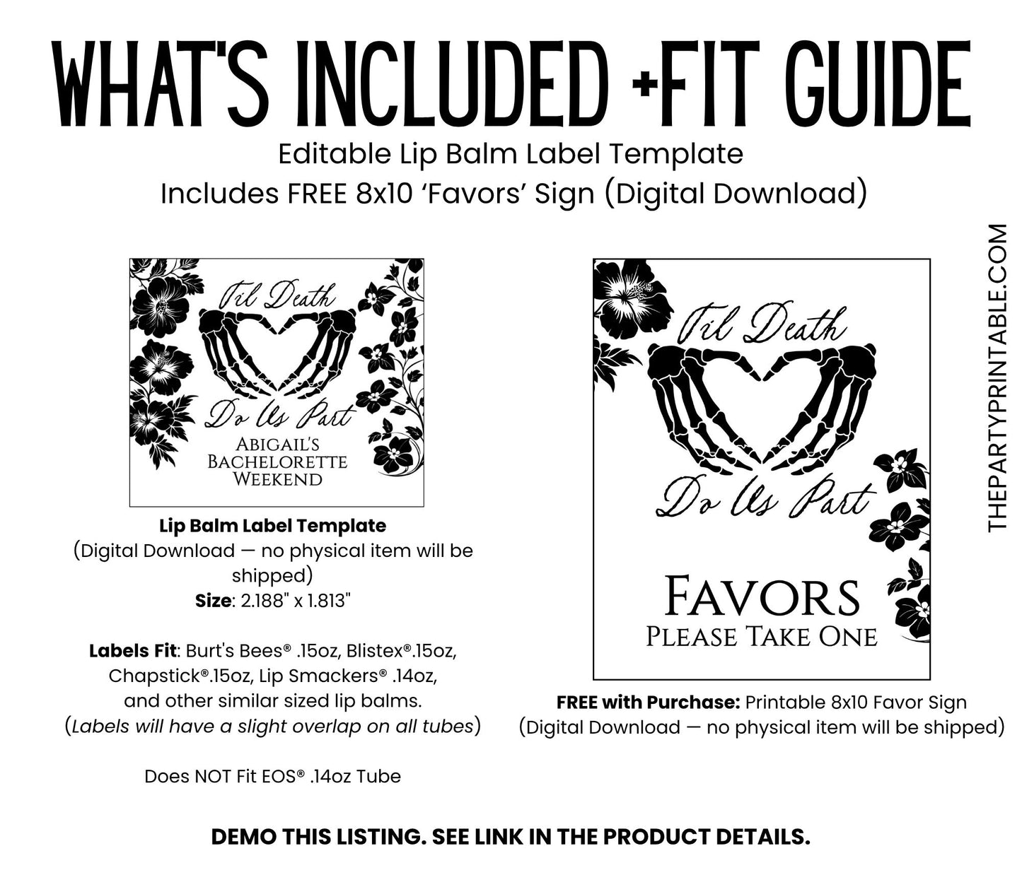 Til Death Do Us Part Lip Balm Label TEMPLATE | Halloween Bachelorette Favor | October Wedding Shower | Gothic Printable 4401
