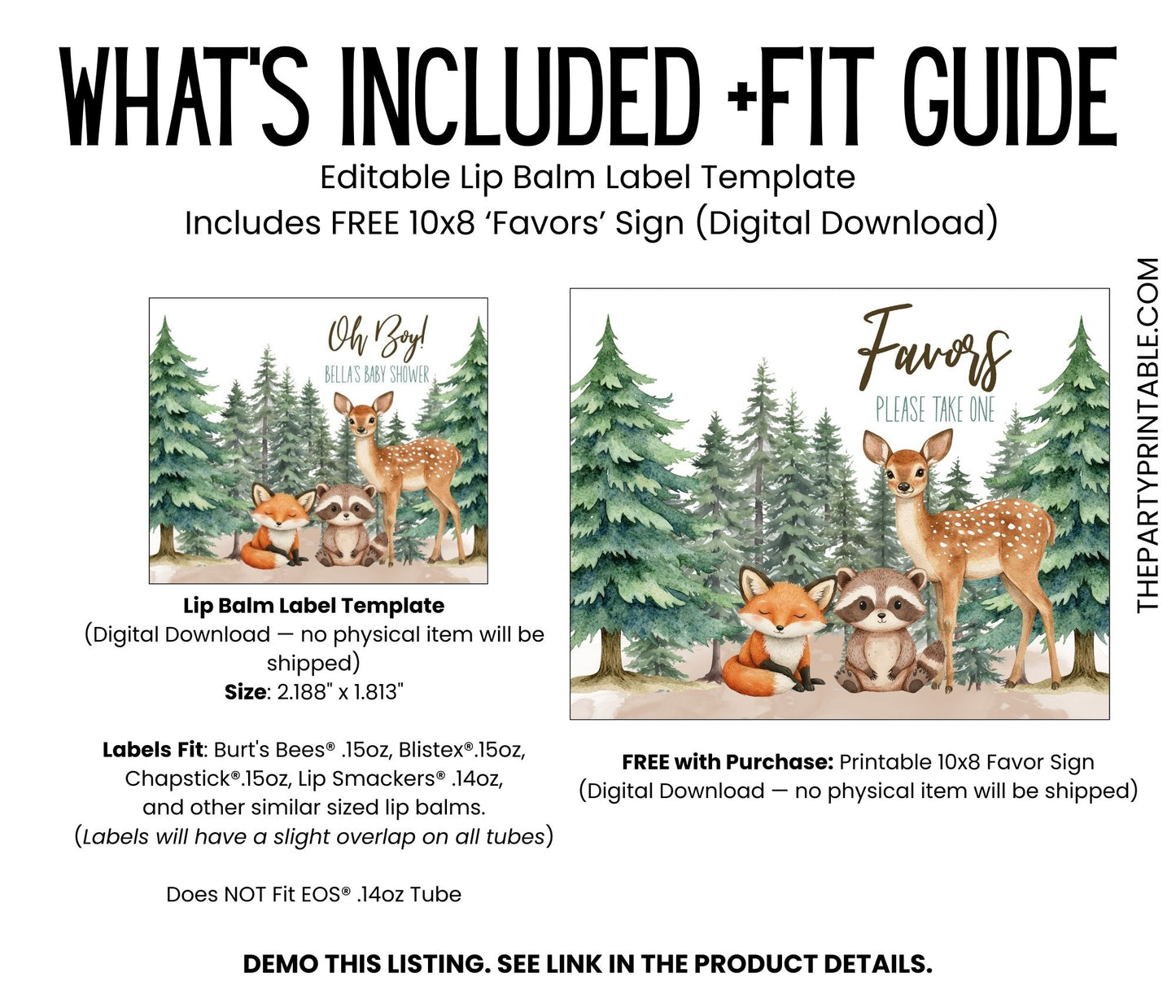 Printable Woodland Animals Baby Shower Favor | Lip Balm Label TEMPLATE | Forest Birthday Party Favor | Fox Raccoon Deer Chapstick Label 4402