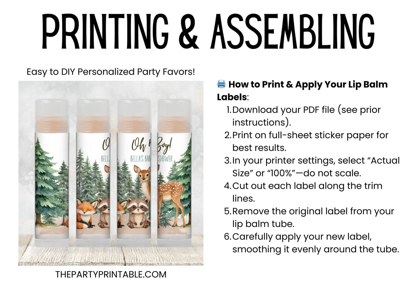 Printable Woodland Animals Baby Shower Favor | Lip Balm Label TEMPLATE | Forest Birthday Party Favor | Fox Raccoon Deer Chapstick Label 4402