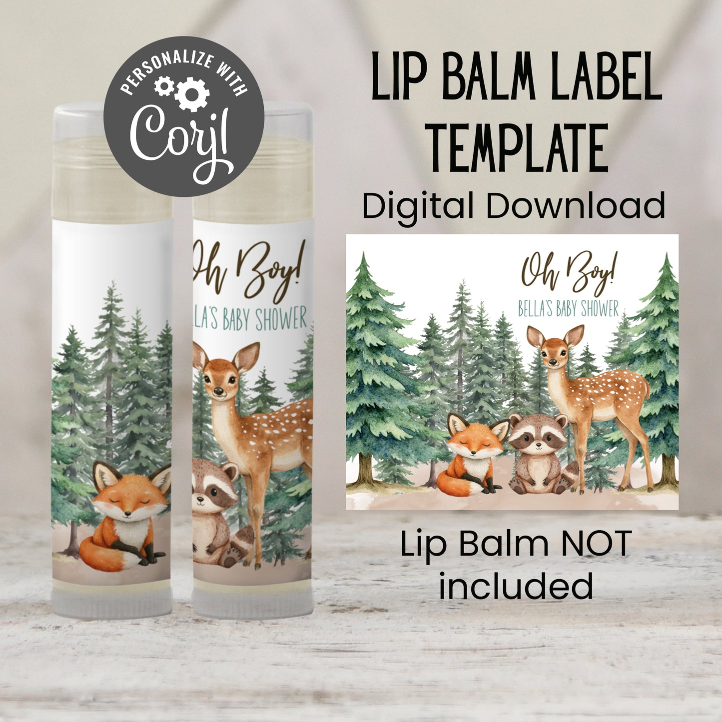 Printable Woodland Animals Baby Shower Favor | Lip Balm Label TEMPLATE | Forest Birthday Party Favor | Fox Raccoon Deer Chapstick Label 4402